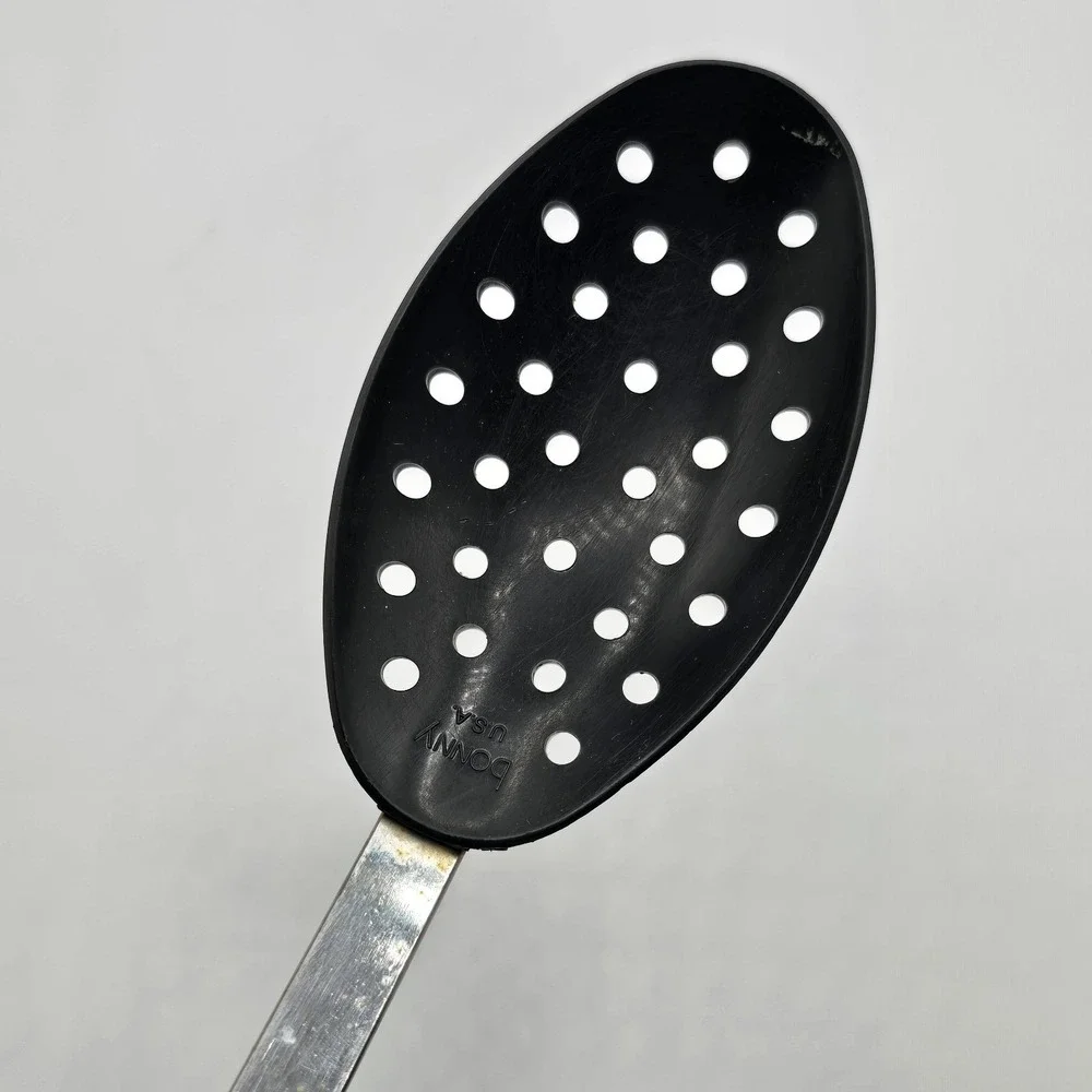 Vintage Bonny USA Slotted Serving Spoon Nylon Plastic Black w/White Handle